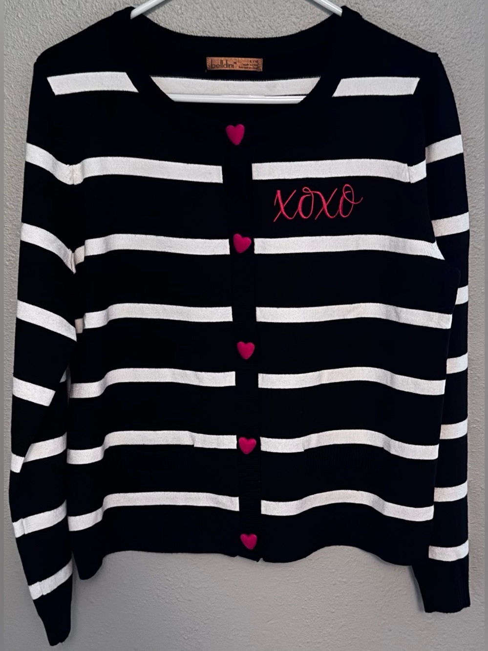 Belldini Black & White Striped Cardigan with Red Heart Buttons
